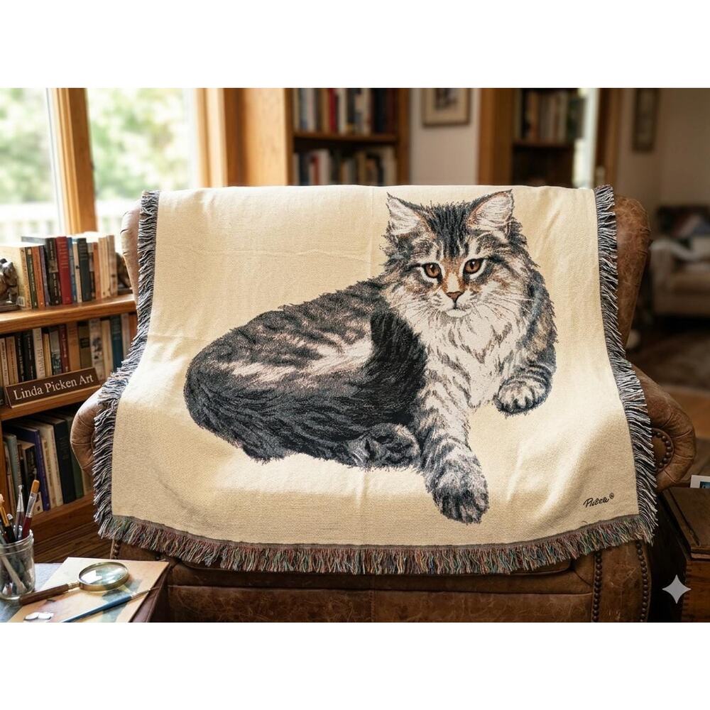 Vintage Linda Picken Maine Coon Cat Tapestry Throw Blanket Fringe Cotton 60x47